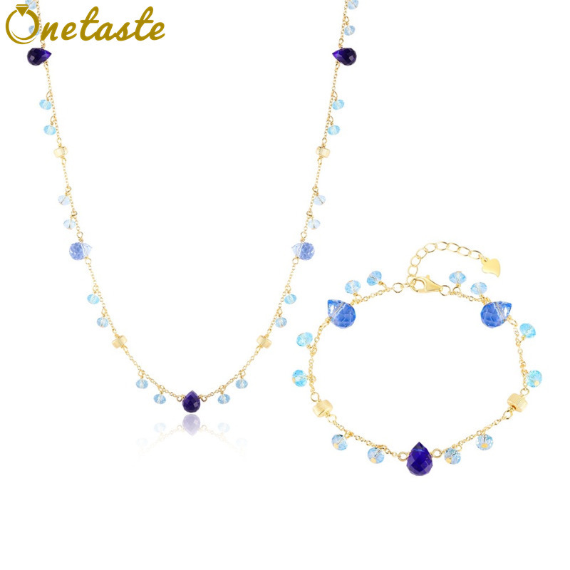 Charm Necklace Dainty - 925 Silver 18K Gold Blue Crystal