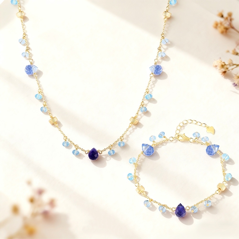 925 Silver 18K Gold Blue Cryst - Charm Necklace Dainty recension och pris